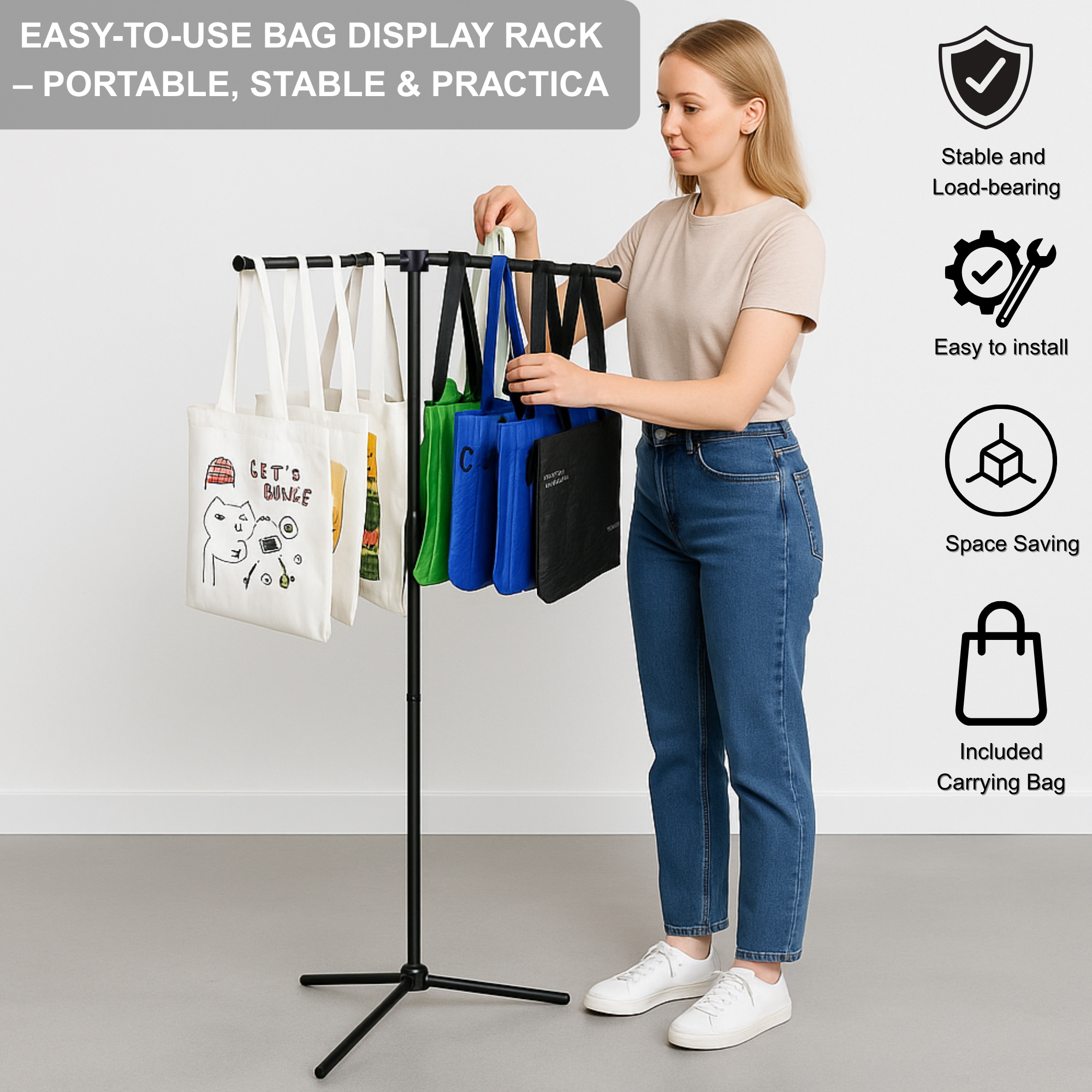 Bag Rack Stand, Bag Display Stand for Vendors, Shopping Bag Holder for Craft Fairs, Market Booths, Trade Show