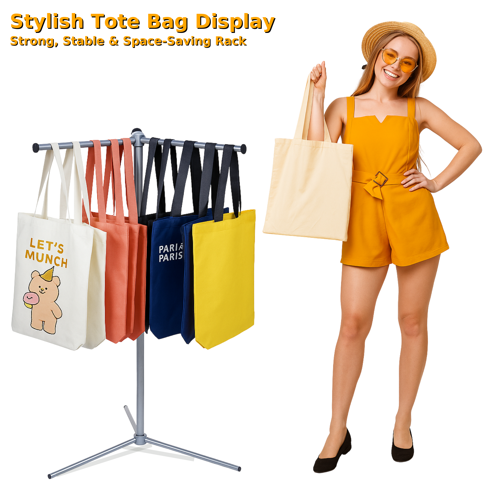Bag Rack Stand, Tote Bag Display Stand for Vendors, Metal Rack for Market Booth, Craft Fairs, Trade Show, Retail Stores