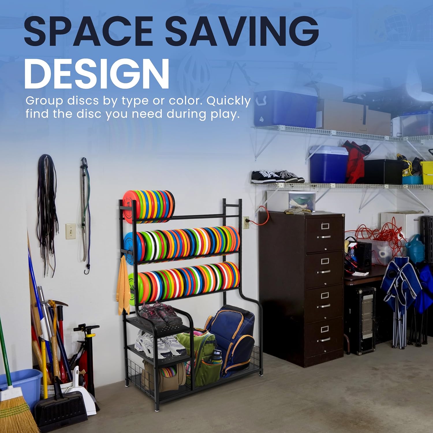 Disc Golf Storage Rack – Disc Golf Organizer with Bag Stand – Large Capacity Disc Golf Shelf, Holds 140+ Discs