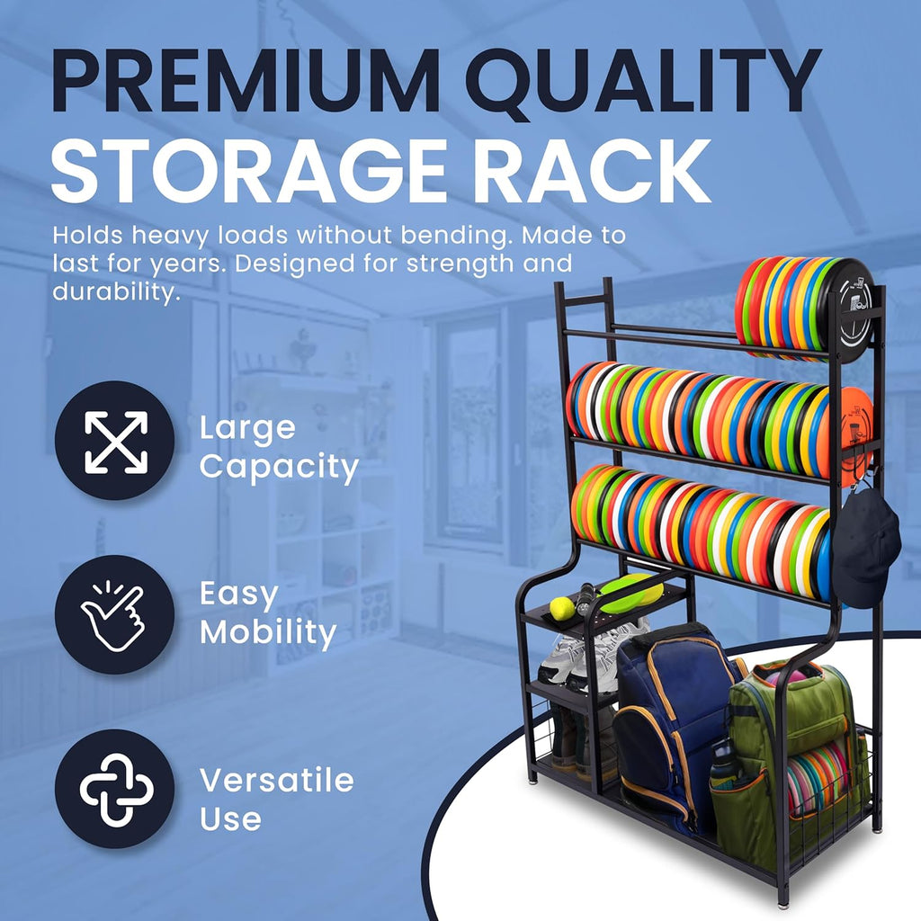 Disc Golf Storage Rack – Disc Golf Organizer with Bag Stand – Large Capacity Disc Golf Shelf, Holds 140+ Discs
