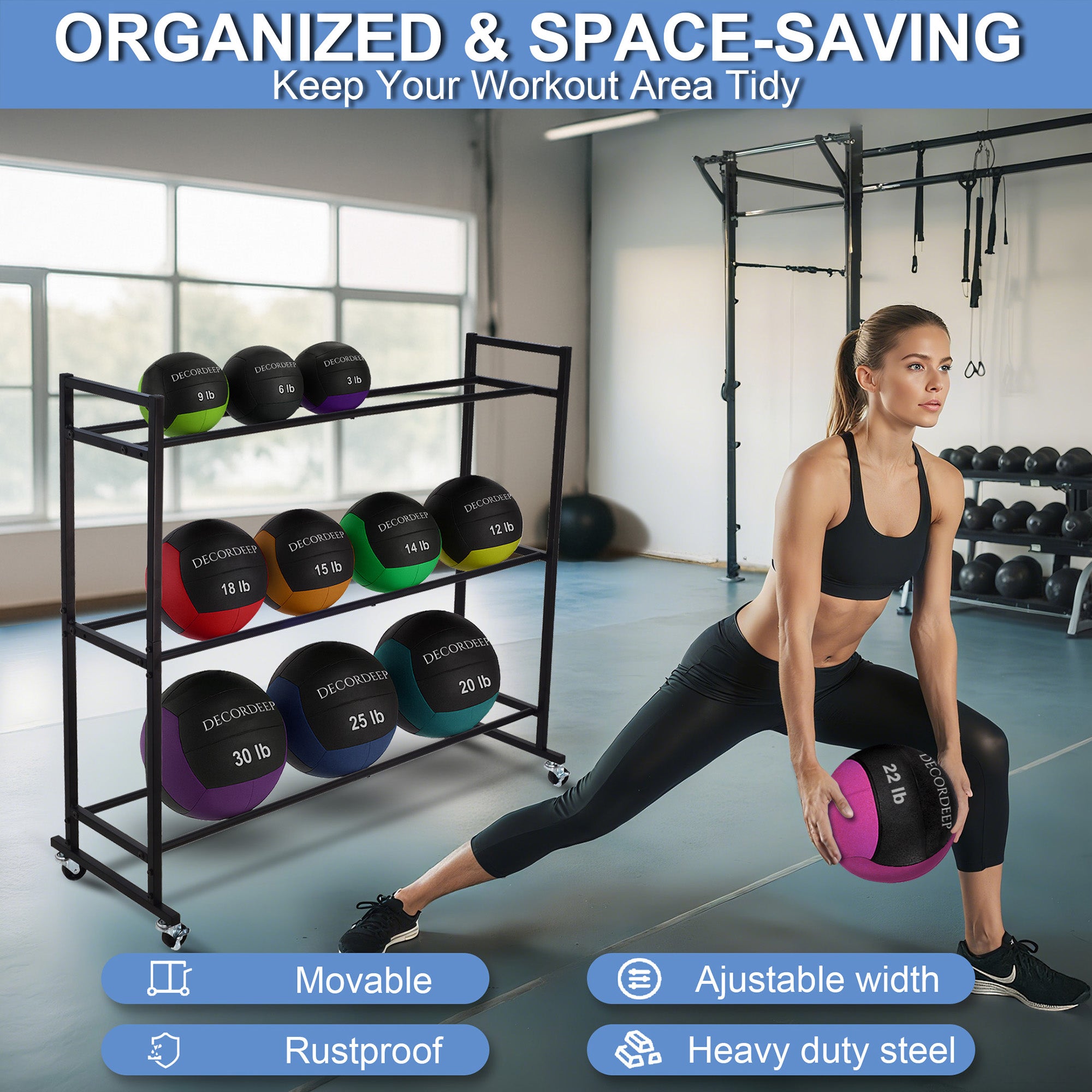 Medicine Ball Rack, Heavy Duty Medicine Ball Storage Stand, Rolling Med Ball Holder and Organizer for Home, Gym
